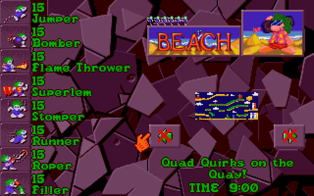 Lemmings 2: The Tribes IBM PC/Compatibles Screenshot: Introduction to the beach level.