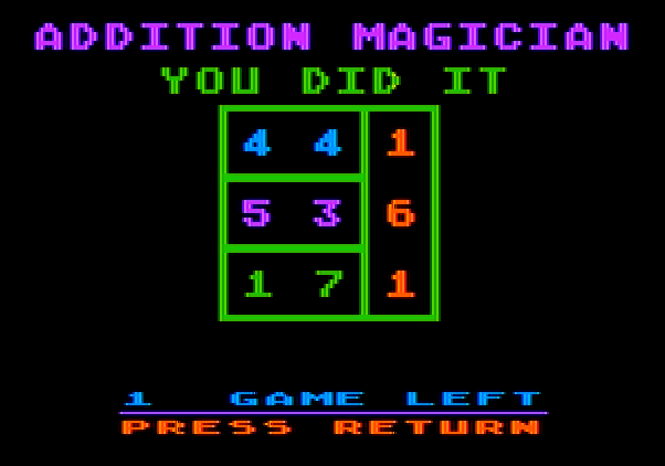 Addition Magician Apple II Screenshot: I did it!