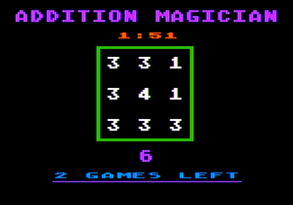 Addition Magician Apple II Screenshot: Try to block off numbers so they add up to 6.