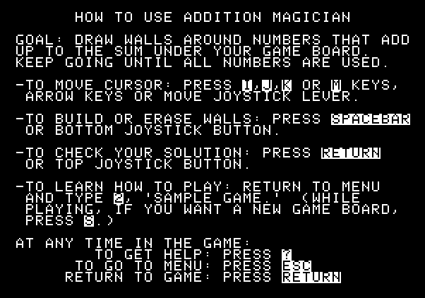 Addition Magician Apple II Screenshot: The help screen.