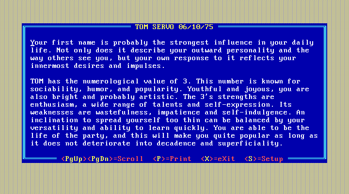10 Best Fortune Teller IBM PC/Compatibles Screenshot: Here's the numerology results.