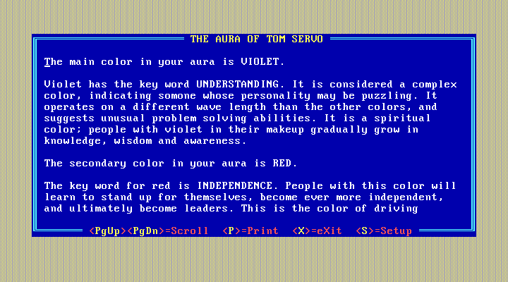 10 Best Fortune Teller IBM PC/Compatibles Screenshot: Here's the auras results.