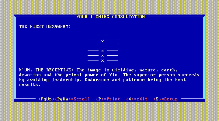 10 Best Fortune Teller IBM PC/Compatibles Screenshot: Your I Ching consultation.