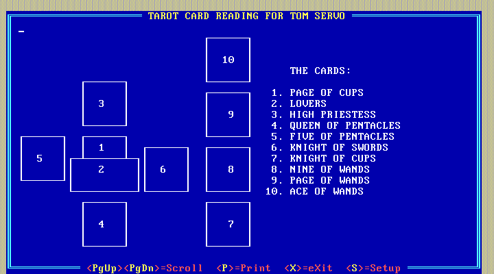 10 Best Fortune Teller IBM PC/Compatibles Screenshot: Here's the tarot card reading.
