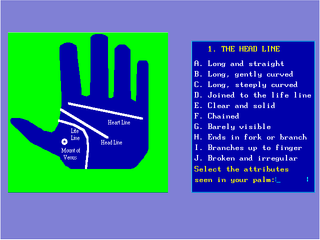 10 Best Fortune Teller IBM PC/Compatibles Screenshot: For palm reading you'll need to describe your hand a bit first...