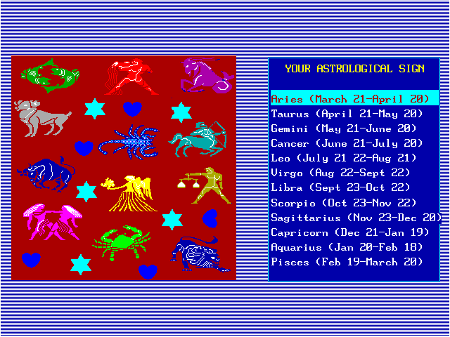 10 Best Fortune Teller IBM PC/Compatibles Screenshot: Select your astrological sign.
