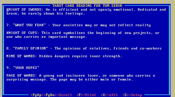 10 Best Fortune Teller IBM PC/Compatibles Screenshot: Tarot card reading continued...