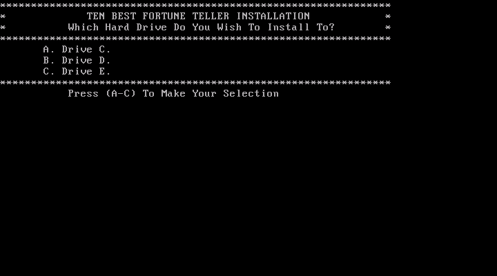 10 Best Fortune Teller IBM PC/Compatibles Screenshot: Select a drive to install to.