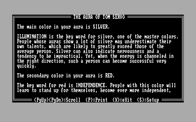 10 Best Fortune Teller IBM PC/Compatibles Screenshot: Aura results.