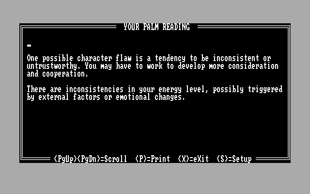 10 Best Fortune Teller IBM PC/Compatibles Screenshot: Palm reading results.
