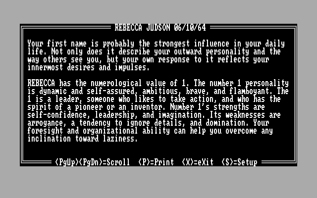 10 Best Fortune Teller IBM PC/Compatibles Screenshot: Numerology results.