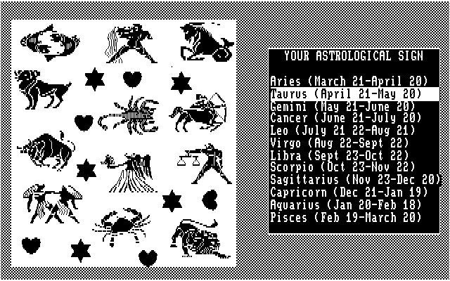 10 Best Fortune Teller IBM PC/Compatibles Screenshot: Select your astrological sign.