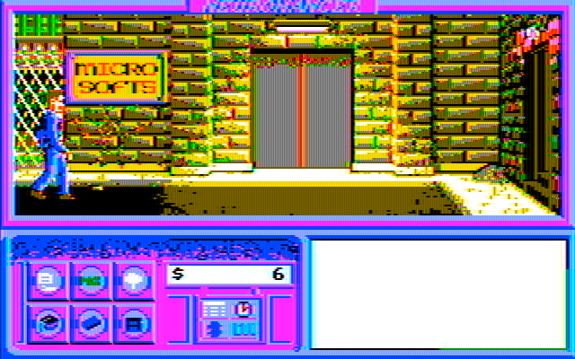 Neuromancer IBM PC/Compatibles Screenshot: Outside the Microsofts shop.
