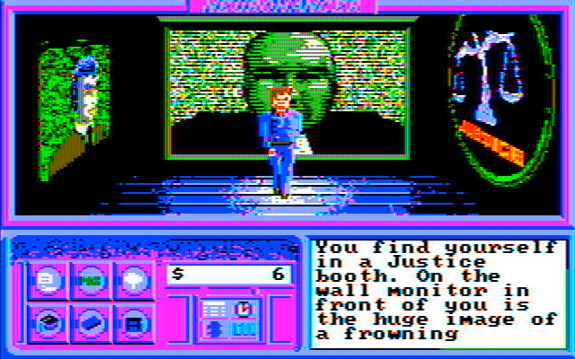 Neuromancer IBM PC/Compatibles Screenshot: I'm in a justice booth...this can't be good.