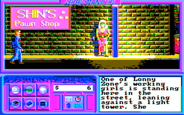 Neuromancer IBM PC/Compatibles Screenshot: Wandering the streets of this city...