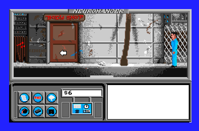Neuromancer Apple IIgs Screenshot: Outside the body shop.