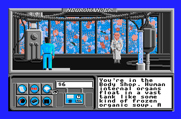 Neuromancer Apple IIgs Screenshot: Inside the body shop.