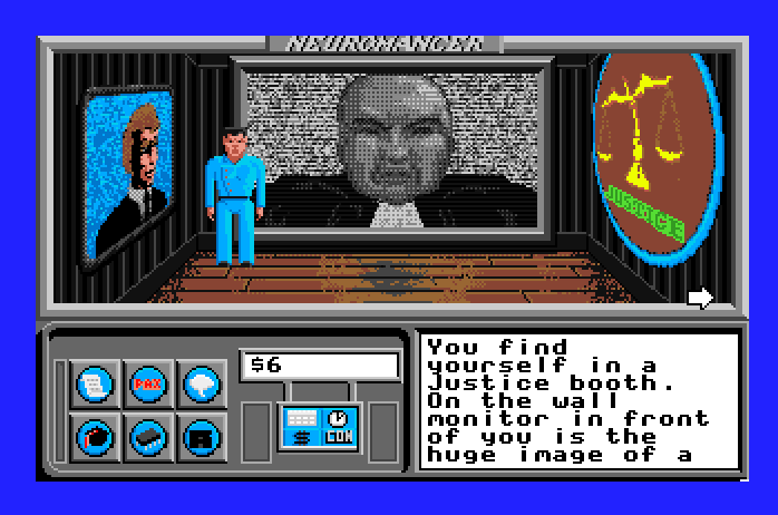 Neuromancer Apple IIgs Screenshot: In a justice booth...