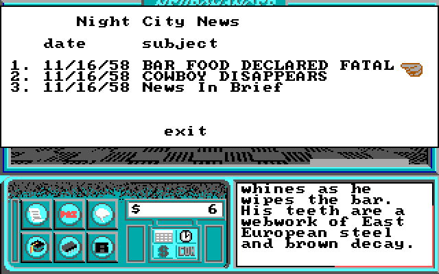 Neuromancer IBM PC/Compatibles Screenshot: Reading the news...