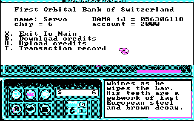Neuromancer IBM PC/Compatibles Screenshot: Accessing your bank account.