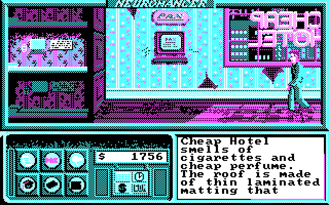 Neuromancer IBM PC/Compatibles Screenshot: At a cheap hotel.