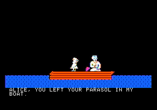 Alice in Wonderland Apple II Screenshot: Alice can be forgetful. Better take the parasol for later use.