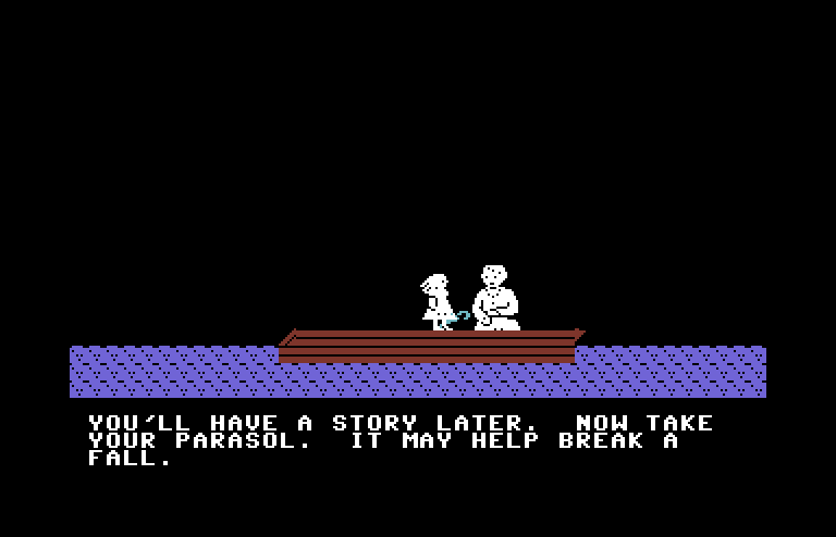 Alice in Wonderland Commodore 64 Screenshot: Alice accidentally left her parasol behind.