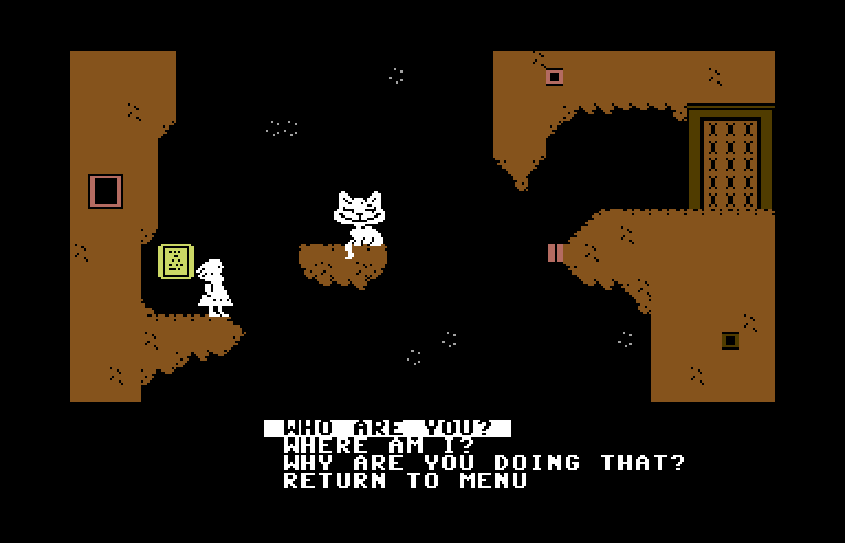 Alice in Wonderland Commodore 64 Screenshot: Talk to the Cheshire Cat for some clues.