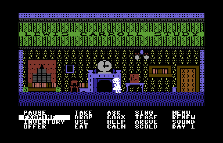 Alice in Wonderland Commodore 64 Screenshot: Welcome to the Lewis Carroll Study; is there anything to examine here?
