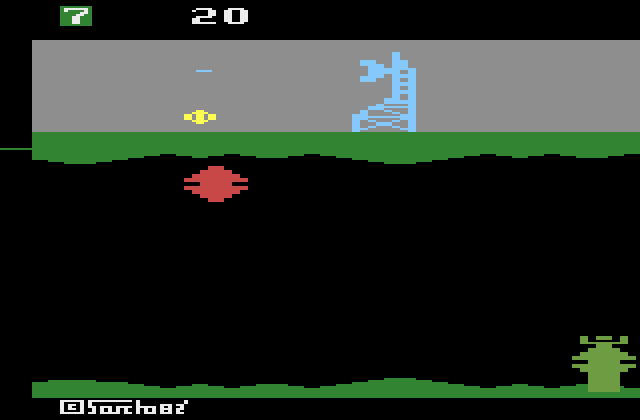 Exocet Atari 2600 Screenshot: The tall towers can only be destroyed by shooting the radar dish at the top.