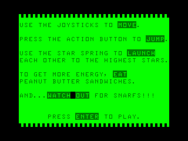 Peanut Butter Panic TRS-80 Color Computer Screenshot: Game instructions.