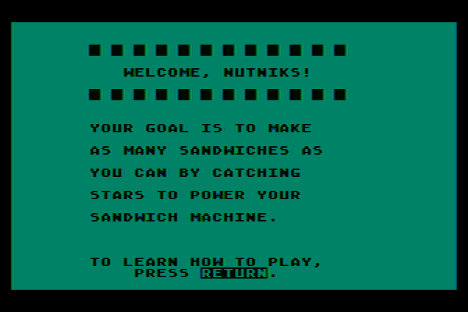 Peanut Butter Panic Atari 8-bit Screenshot: Welcome, Nutniks!