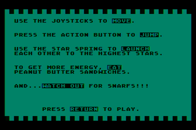 Peanut Butter Panic Atari 8-bit Screenshot: Game controls.