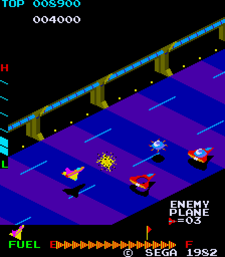 Super Zaxxon Arcade Screenshot: Shoot enemy planes and avoid bombs!