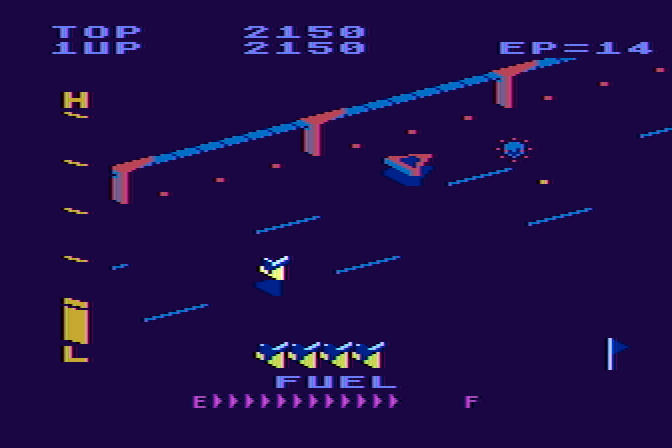 Super Zaxxon Atari 8-bit Screenshot: Avoid the mines these ships leave behind...