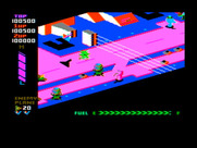 Super Zaxxon for IBM PC/Compatibles - You may need to fly over and under barriers.