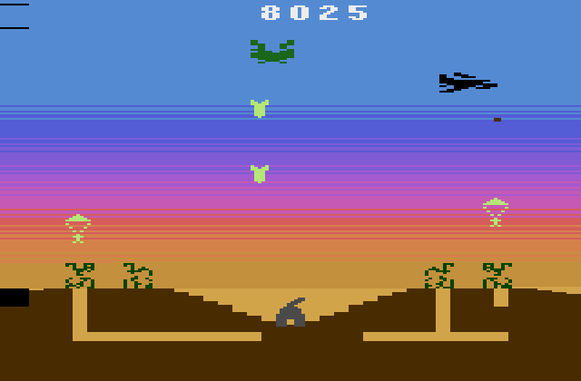 Commando Raid Atari 2600 Screenshot: Jets occasionally fly by and drop one or more bombs...