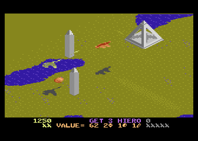 Desert Falcon Atari 7800 Screenshot: Don't crash into the pyramids and obelisks.