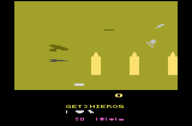 Desert Falcon Atari 2600 Screenshot: Don't crash into these pillars...