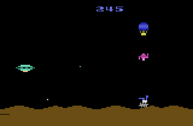 Space Jockey Atari 2600 Screenshot: Shoot these various opponents for points, or try to avoid them.
