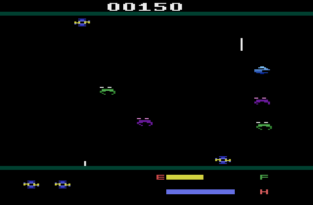 Cross Force Atari 2600 Screenshot: A variety of different enemies appear...