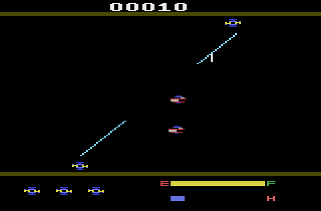 Cross Force Atari 2600 Screenshot: You can fire at opponents between the two laser bases...