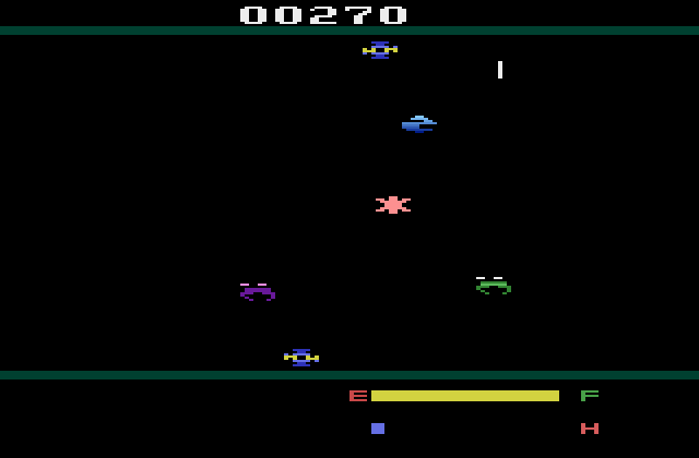 Cross Force Atari 2600 Screenshot: The mothership keeps bringing new opponents to fight...