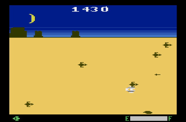 Planet Patrol Atari 2600 Screenshot: Crash! An enemy ship hit me so the screen flashes bright colors.