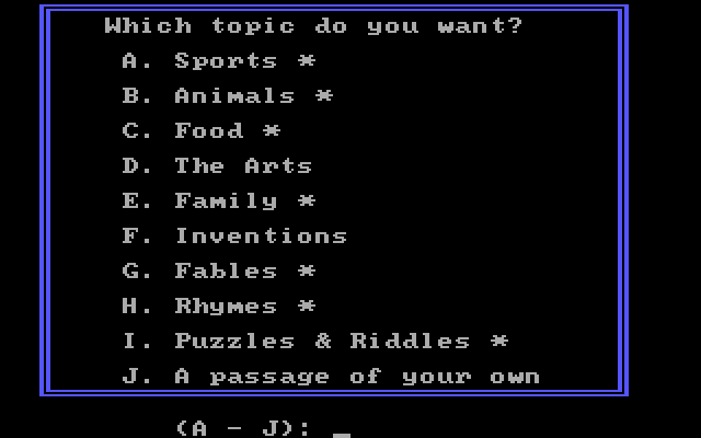 Missing Letters IBM PC/Compatibles Screenshot: Starting a game; first, choose a topic...