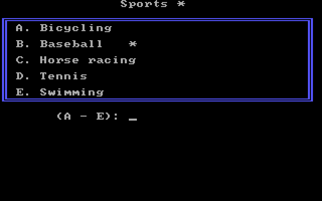 Missing Letters IBM PC/Compatibles Screenshot: Sports; which topic in sports do you want?