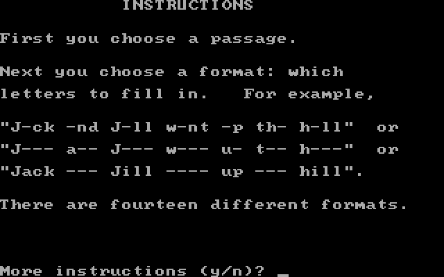 Missing Letters IBM PC/Compatibles Screenshot: Game instructions.