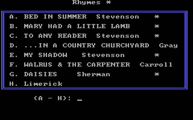 Missing Letters IBM PC/Compatibles Screenshot: Choose a rhyme to solve...