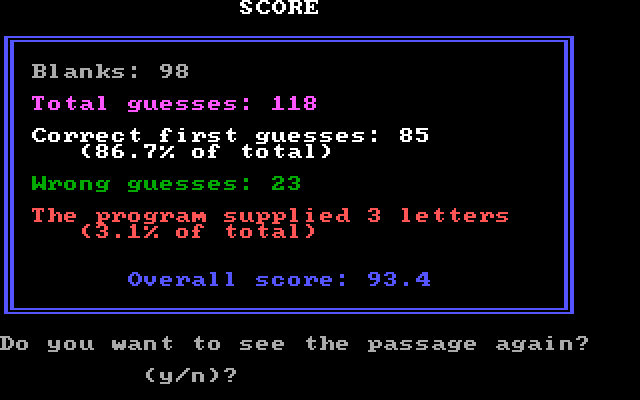 Missing Letters IBM PC/Compatibles Screenshot: Here's the results...