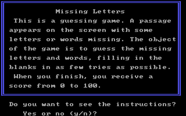Missing Letters IBM PC/Compatibles Screenshot: Game introduction.
